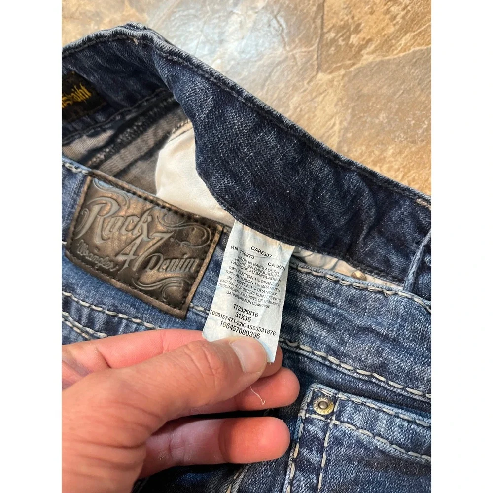 Wrangler Rock 47 Jeans Mens 31x36 Blue Slim Straight Contrast Stitch